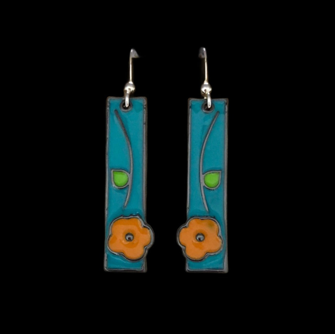 Rectangular Enamel Earrings - Blue with Orange Flower - Cheeky Goddess