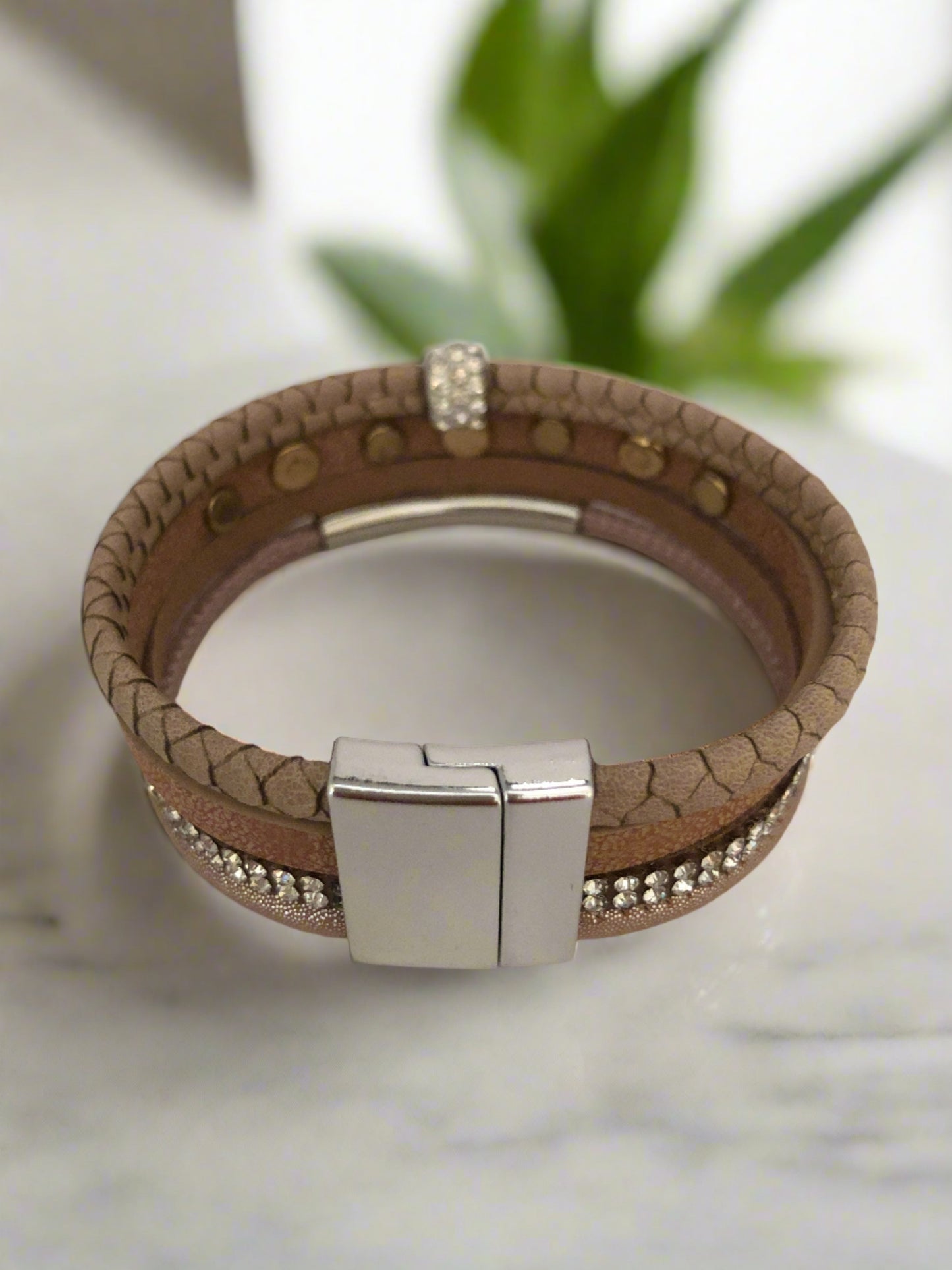 Beige Magnetic Clasp Bracelet with Daimante and Silver Accents - Cheeky Goddess