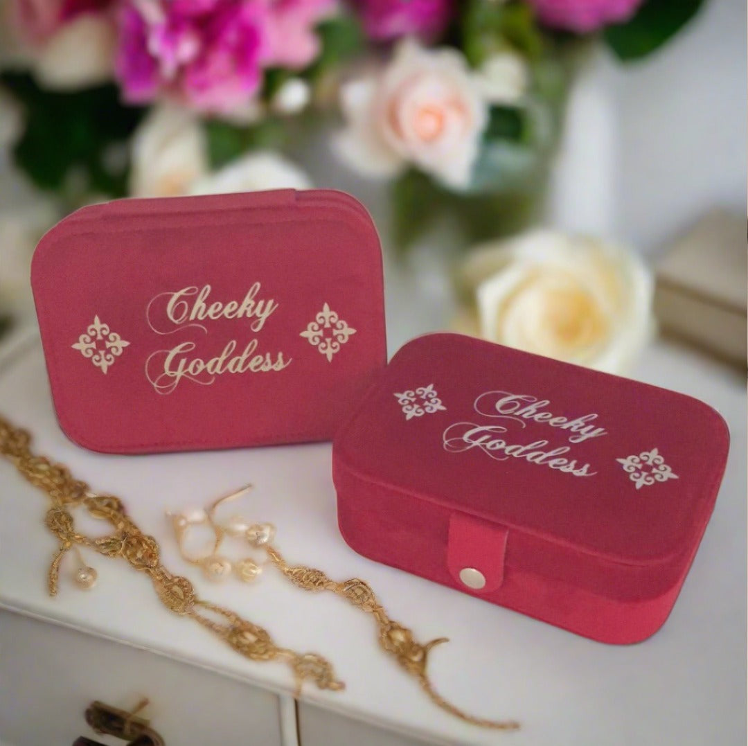 Custom Name Velvet Jewellery Box - Red - Personalized Gifts for Her - For Dresser or Travel - Cheeky Goddess