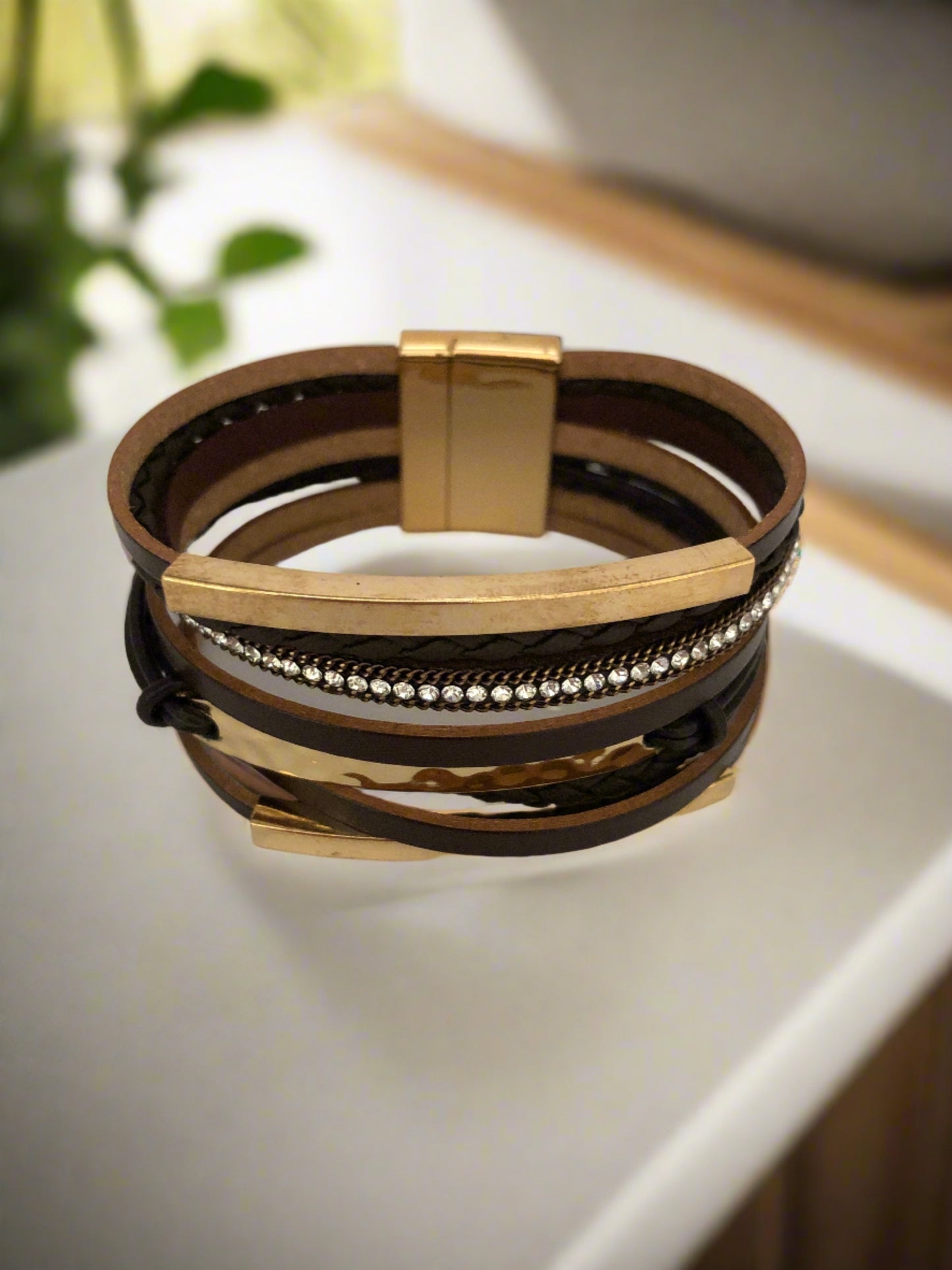 Brown with Gold Accents and Diamante Magnetic Clasp Bracelet - Cheeky Goddess