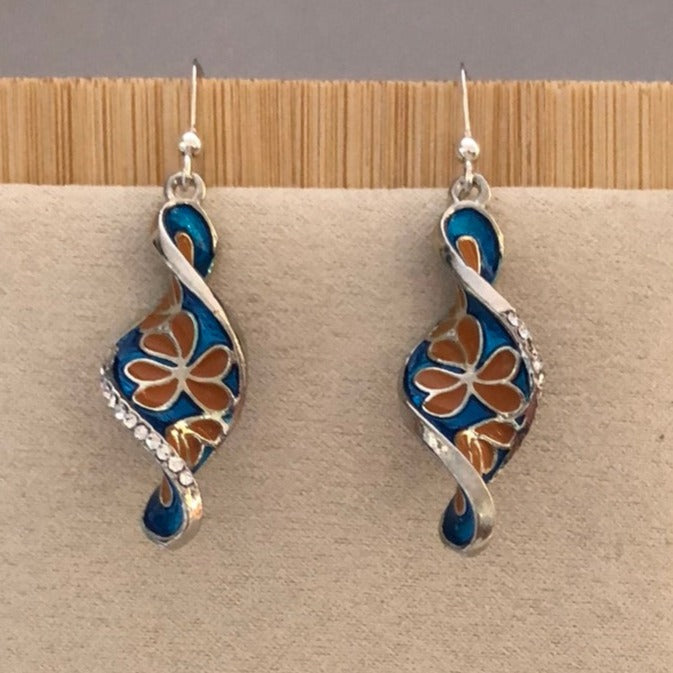 Enamel Blue Swirl Earrings with Brown Flowers and Diamente Side Accent - Cheeky Goddess