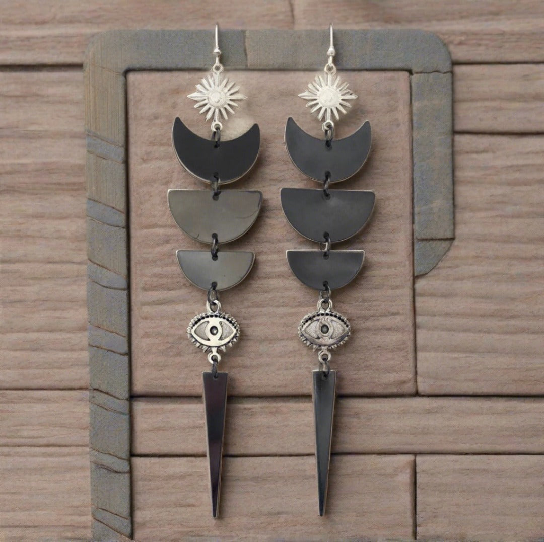 Drop Earrings with Sun, moon and Eye - Black and Silver - Cheeky Goddess