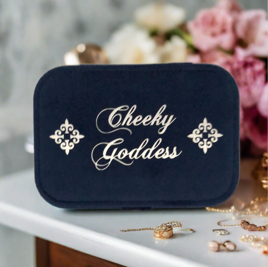 Custom Name Velvet Jewellery Box - Dark Blue - Personalized Gifts for Her - For Dresser or Travel - Cheeky Goddess