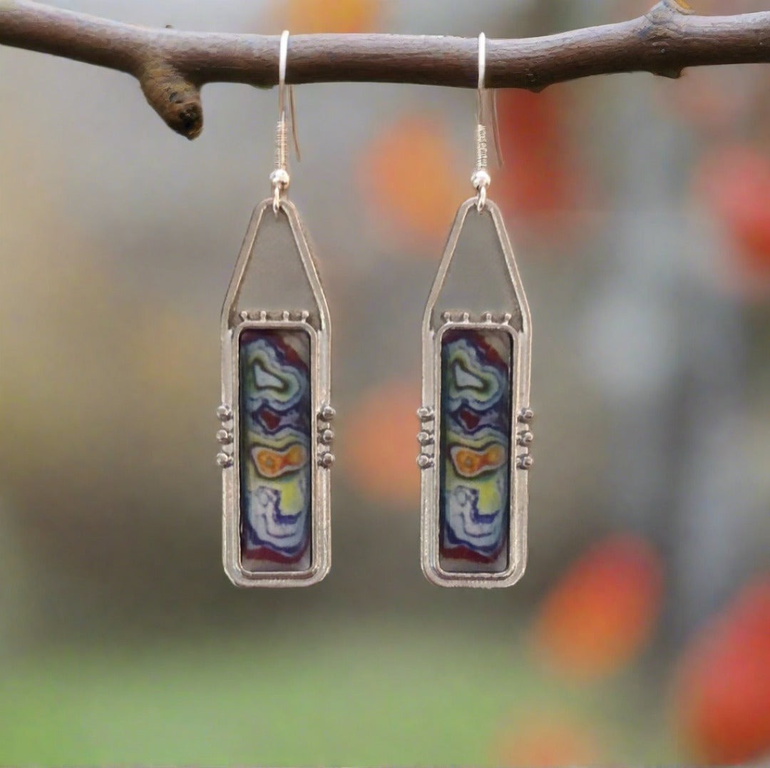 Enamel Rectangular Earrings with Swirls of Blue, Green, Yellow, Orange, Red - Cheeky Goddess