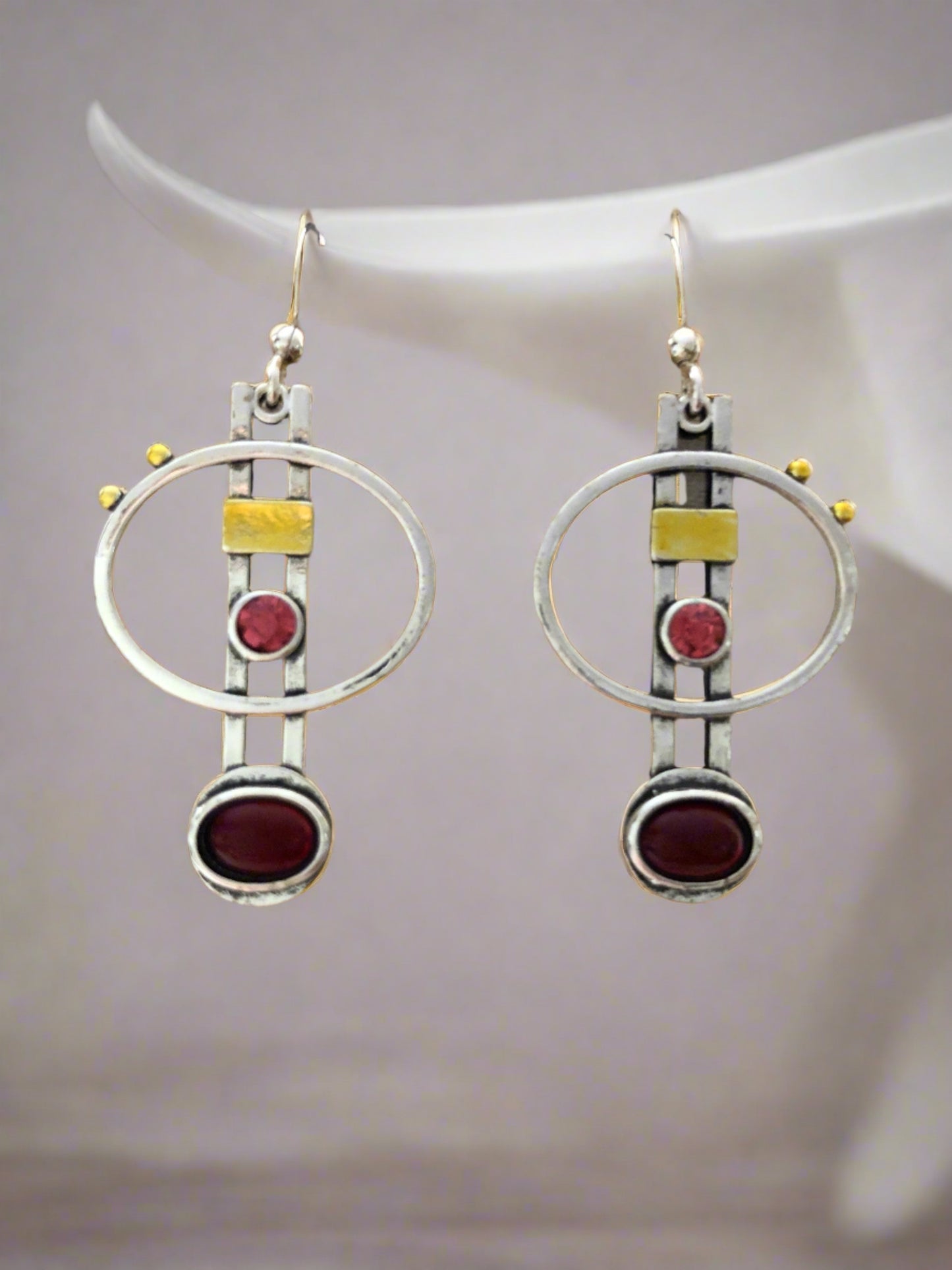 Circular Drop Silver Earrings with Gold and Red Accents - Cheeky Goddess