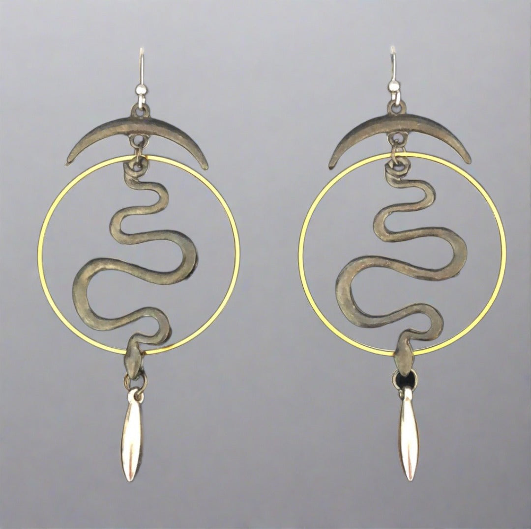 Snake Drop Earrings - Dark Grey and Gold with Silver Accents - Cheeky Goddess