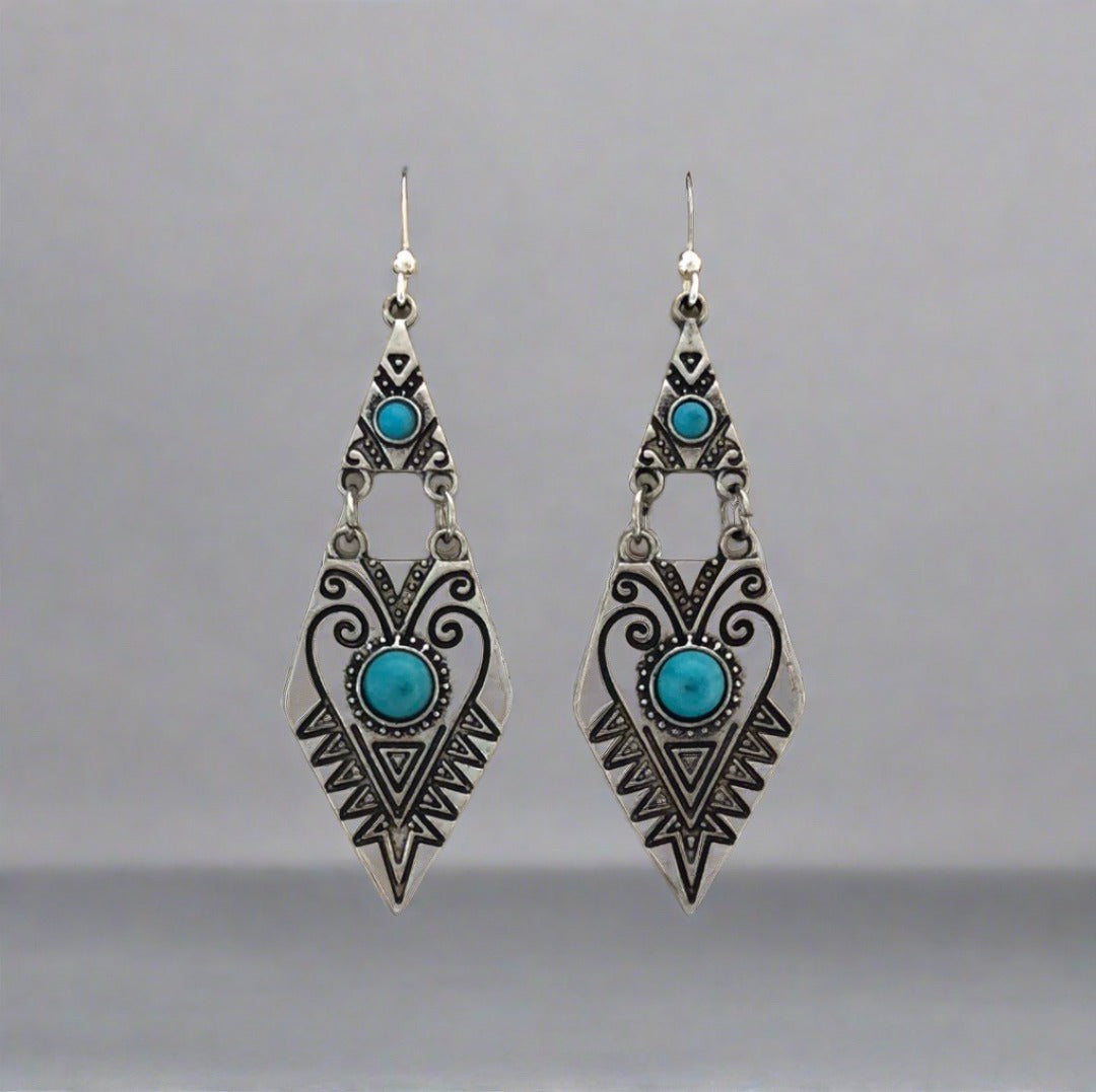 Tribal Drop Earrings with Turquoise Blue Accents - Cheeky Goddess