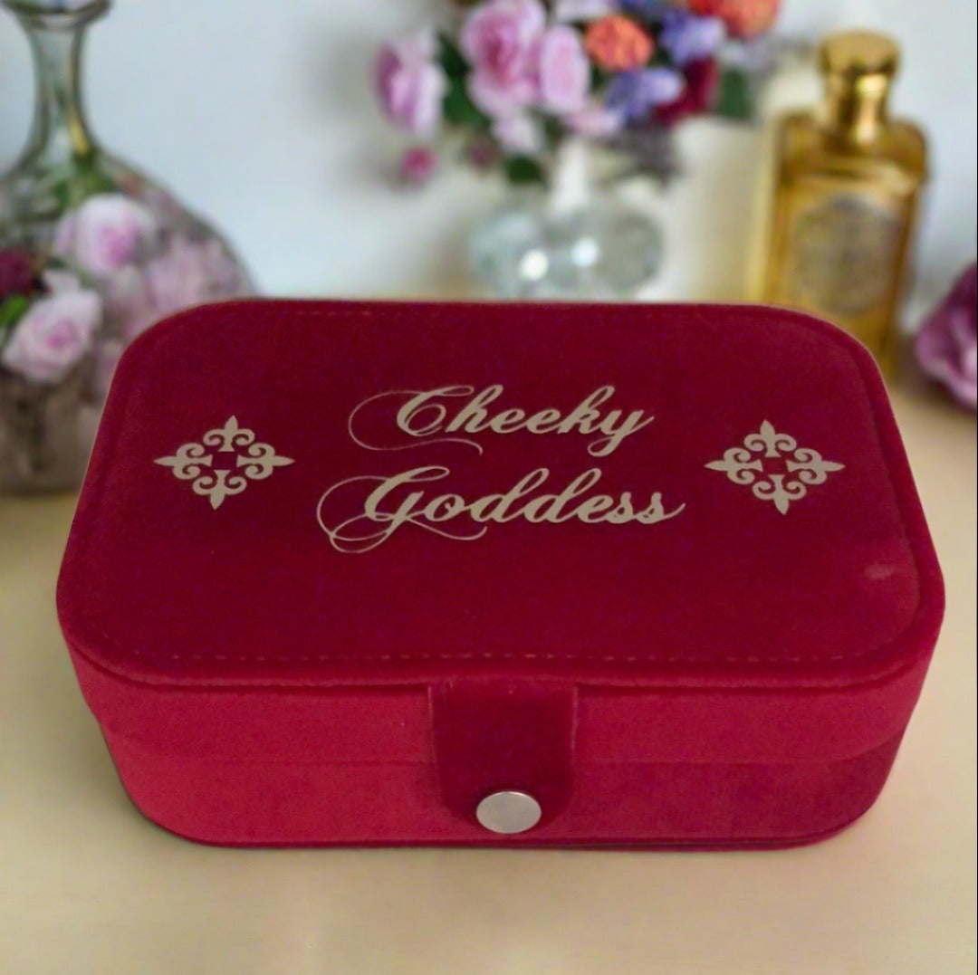 Custom Name Velvet Jewellery Box - Red - Personalized Gifts for Her - For Dresser or Travel - Cheeky Goddess