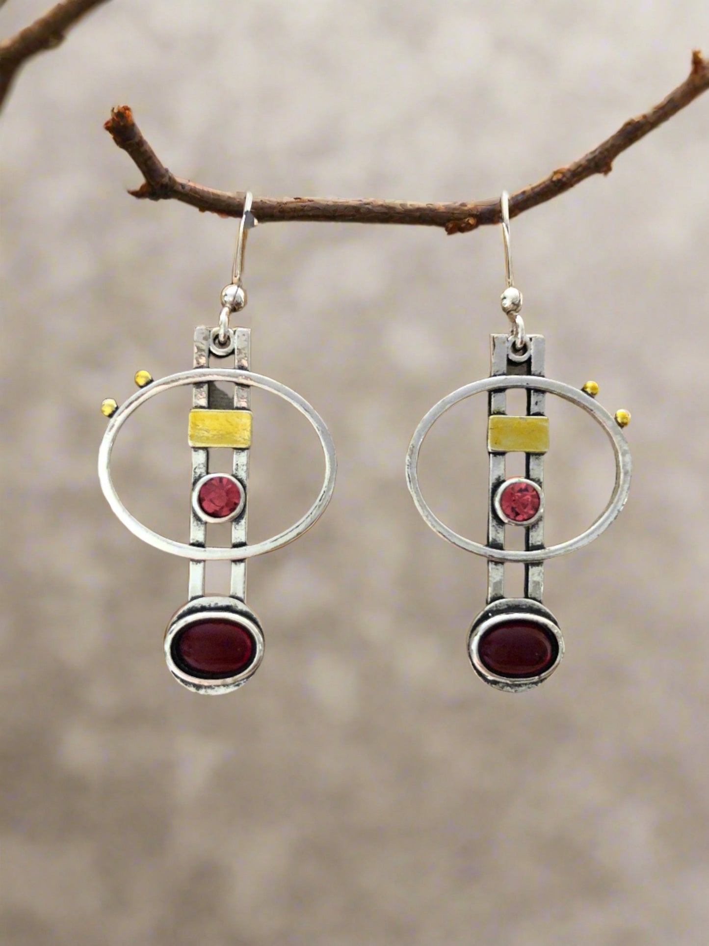 Circular Drop Silver Earrings with Gold and Red Accents - Cheeky Goddess