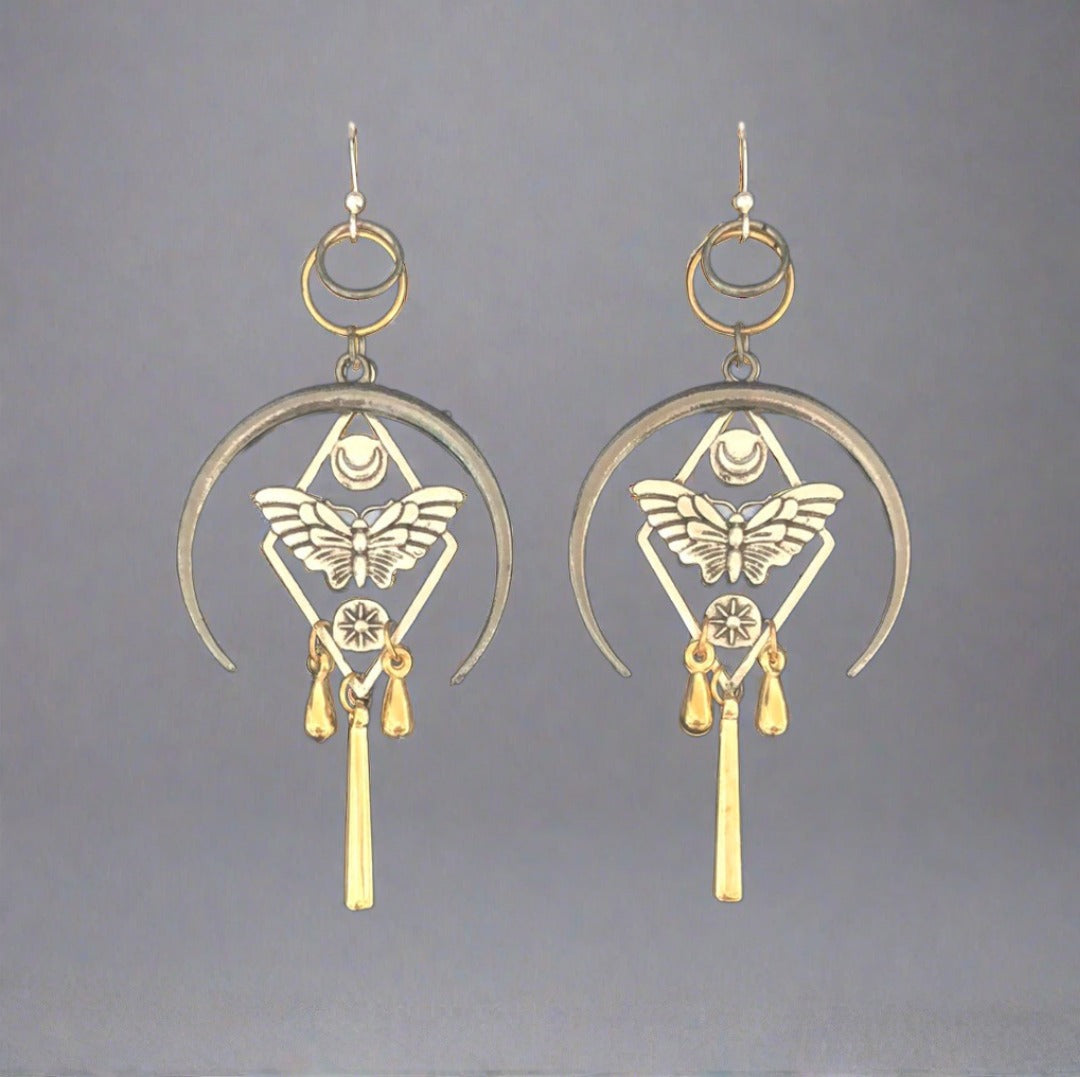 Egyption Style Drop Earrings with Butterfly, Flower, Half Moon and Drops with Gold and Grey Accents - Cheeky Goddess