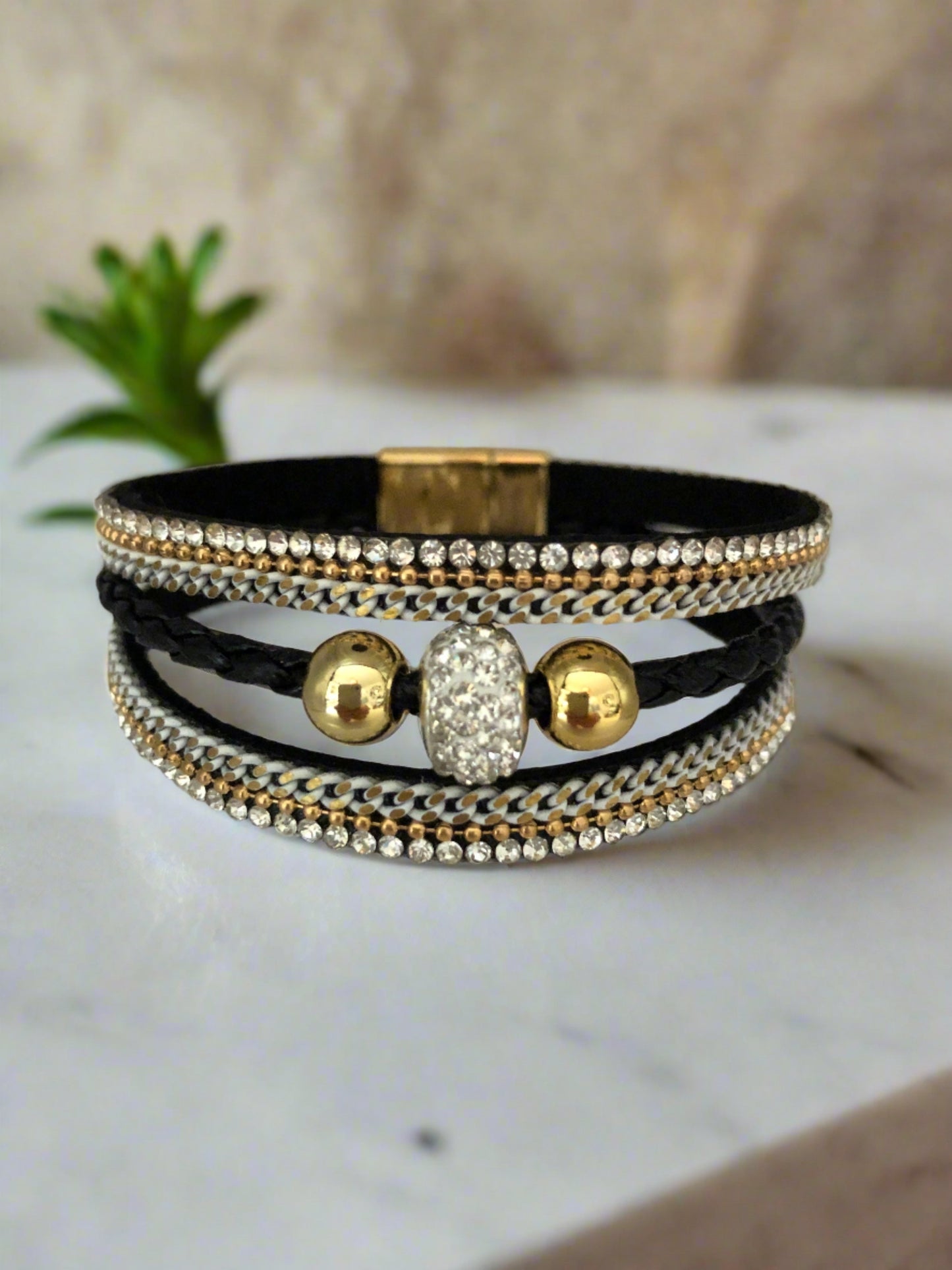 Black and Diamante Magnetic Bracelet with Gold Accents - Cheeky Goddess