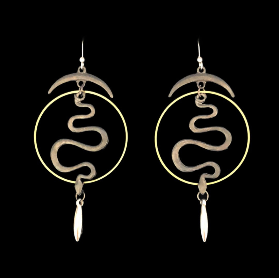 Snake Drop Earrings - Dark Grey and Gold with Silver Accents - Cheeky Goddess