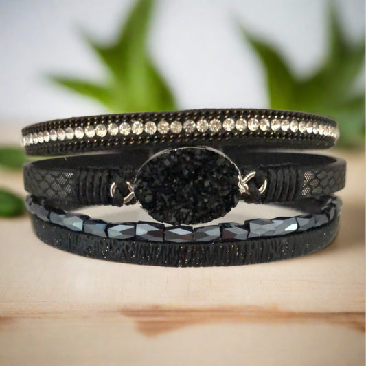 Black Magnetic Bracelet with Crystal, Diamanté and Bead Accents - Cheeky Goddess