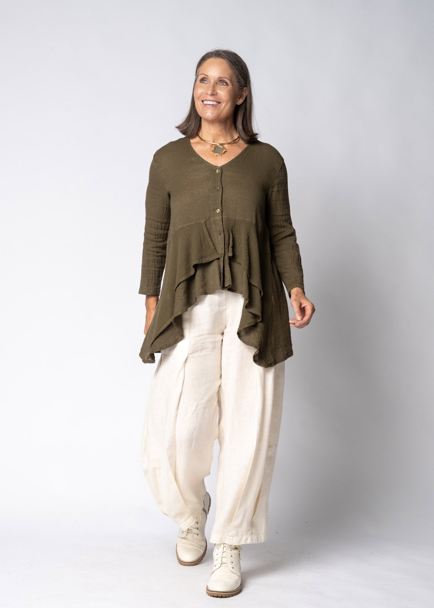 Marenna Linen Top in Moss Green