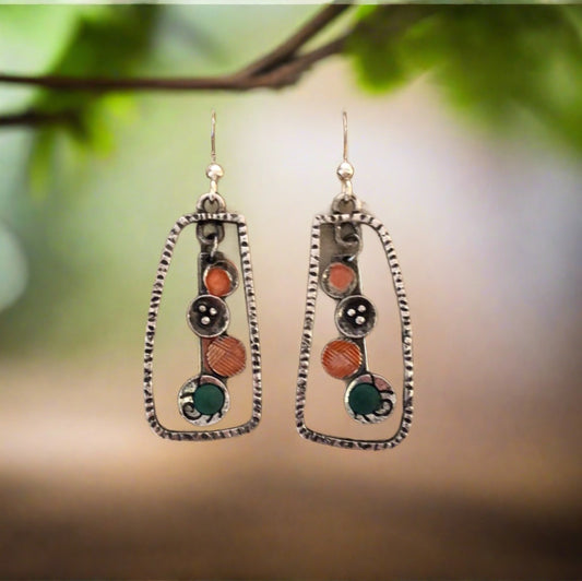 Rectangular Frame with Circle Interior Earrings with Copper and Green Accent Colors - Cheeky Goddess