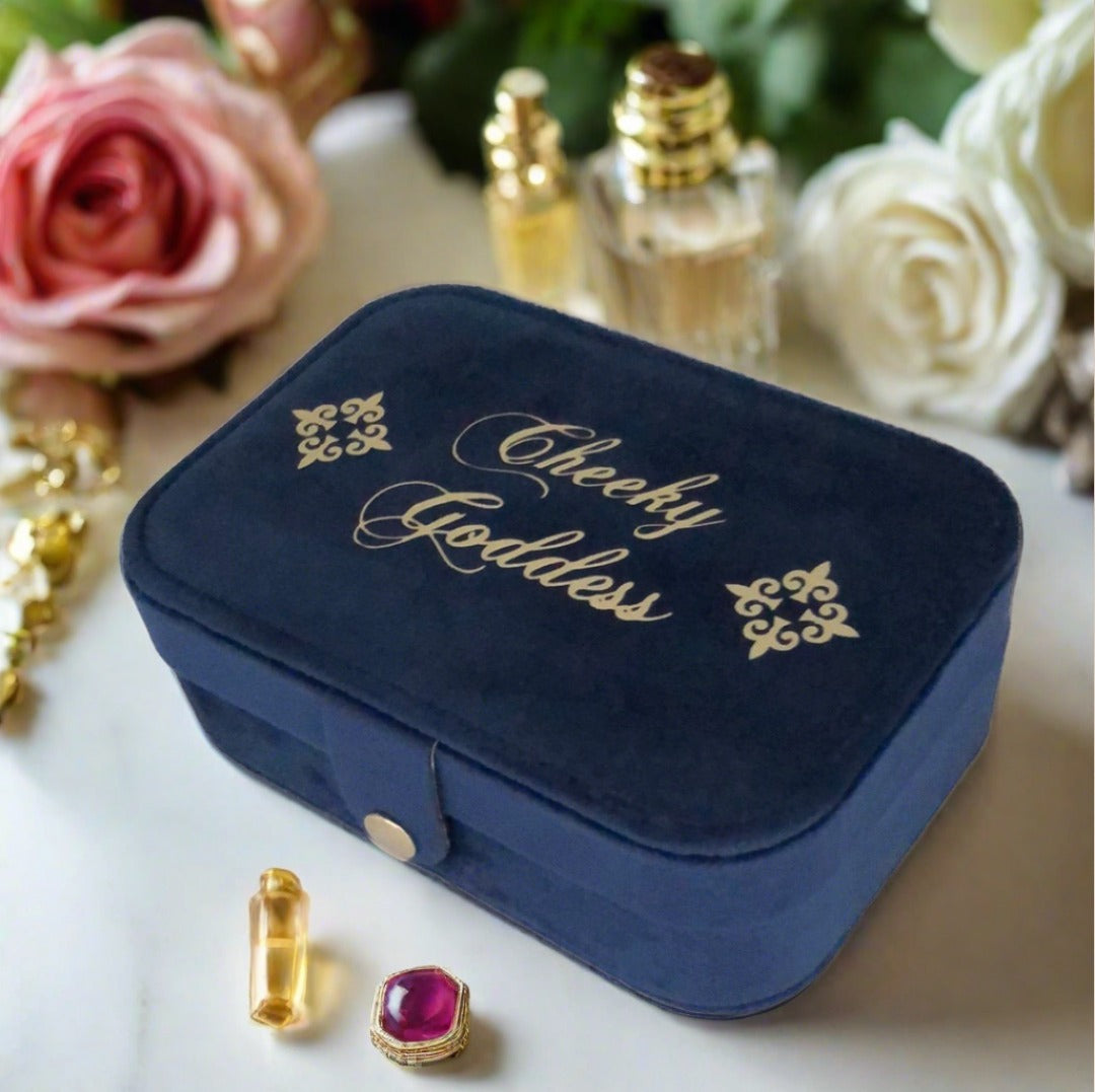 Custom Name Velvet Jewellery Box - Dark Blue - Personalized Gifts for Her - For Dresser or Travel - Cheeky Goddess