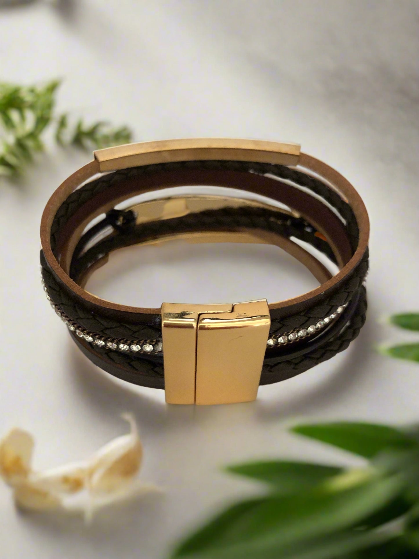 Brown with Gold Accents and Diamante Magnetic Clasp Bracelet - Cheeky Goddess