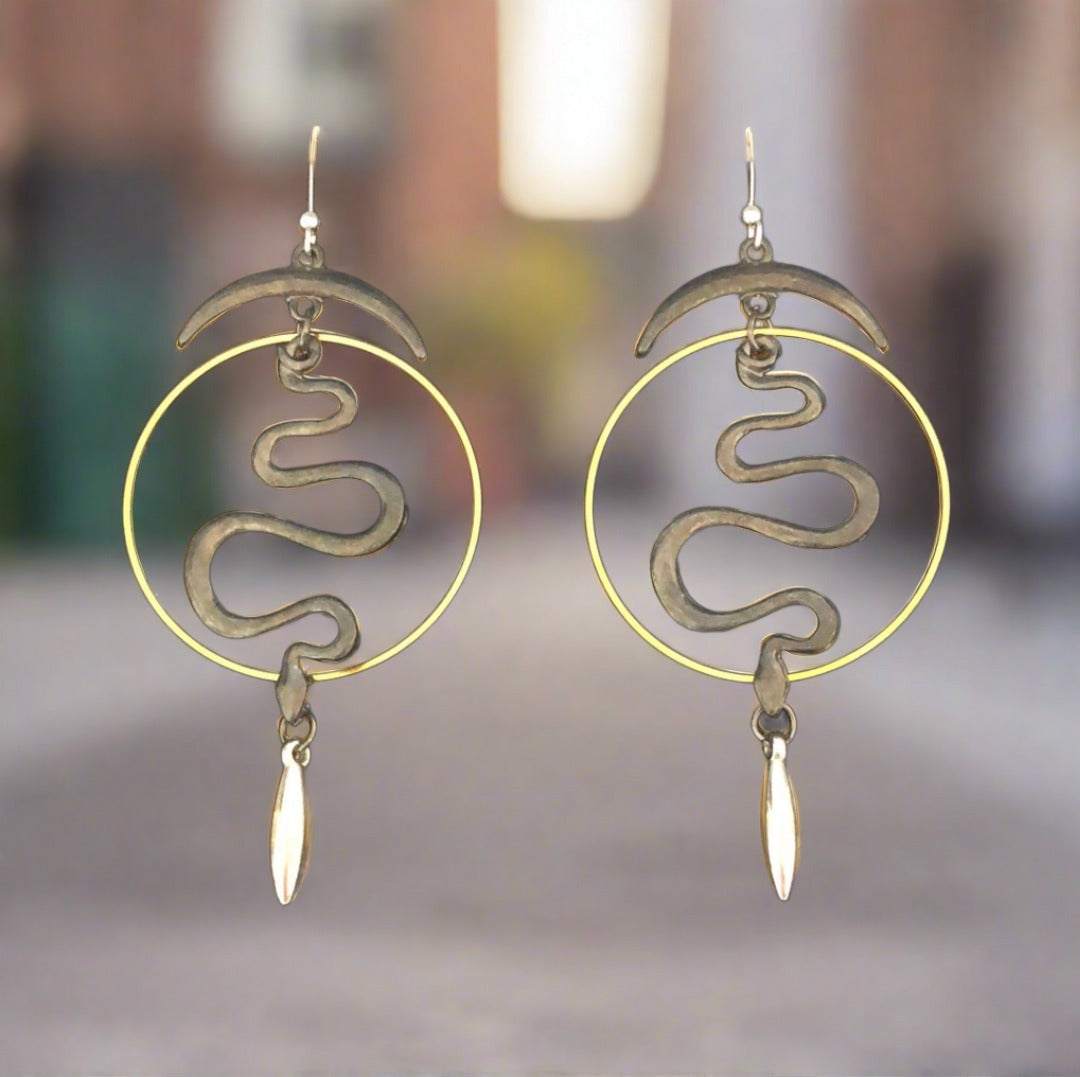 Snake Drop Earrings - Dark Grey and Gold with Silver Accents - Cheeky Goddess