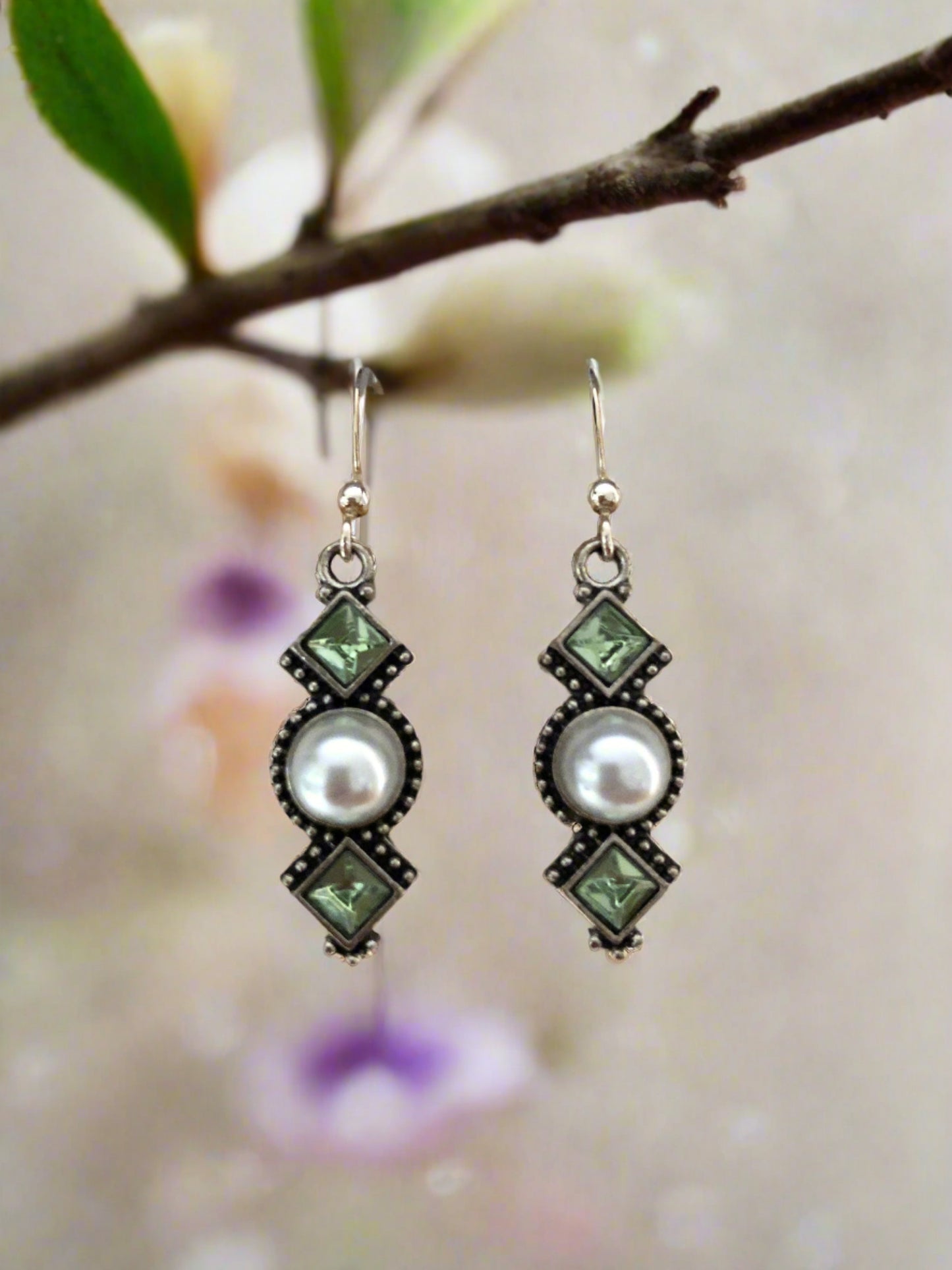 Pearl and Green Glass Drop Earrings - Cheeky Goddess