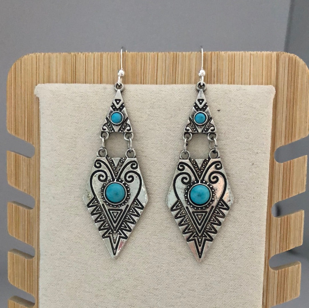 Tribal Drop Earrings with Turquoise Blue Accents - Cheeky Goddess