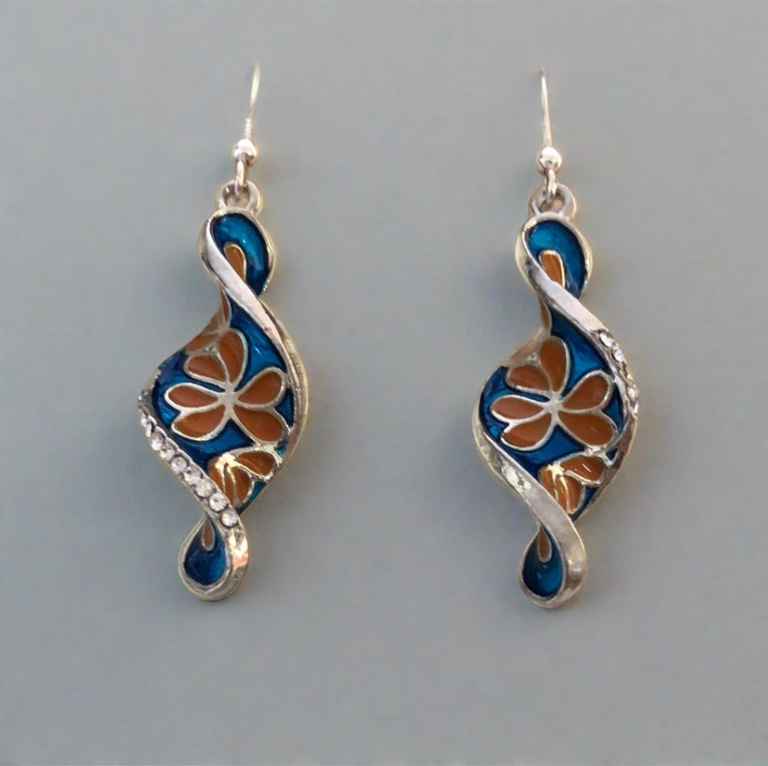 Enamel Blue Swirl Earrings with Brown Flowers and Diamente Side Accent - Cheeky Goddess