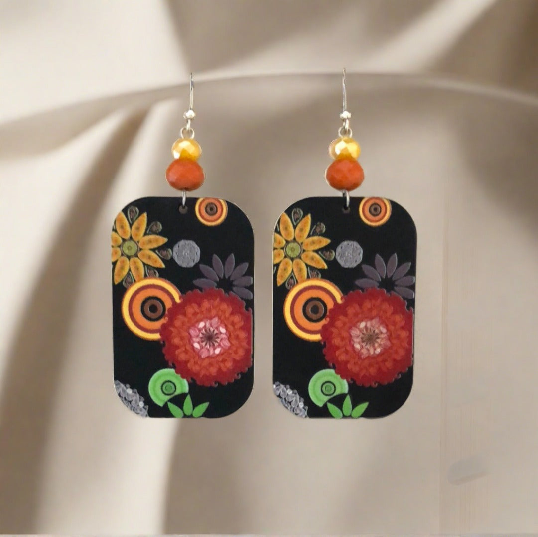 Rectangular Drop Earrings with Flowers - Cheeky Goddess