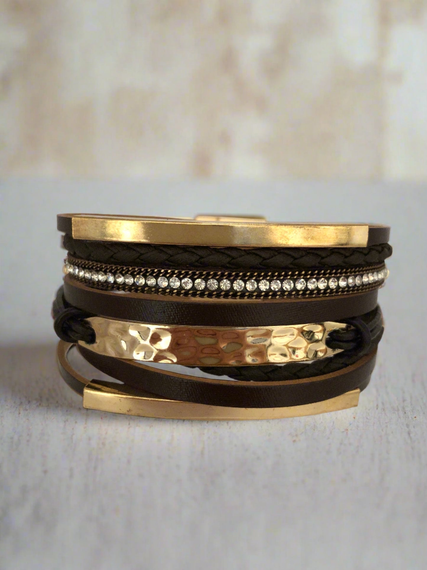 Brown with Gold Accents and Diamante Magnetic Clasp Bracelet - Cheeky Goddess