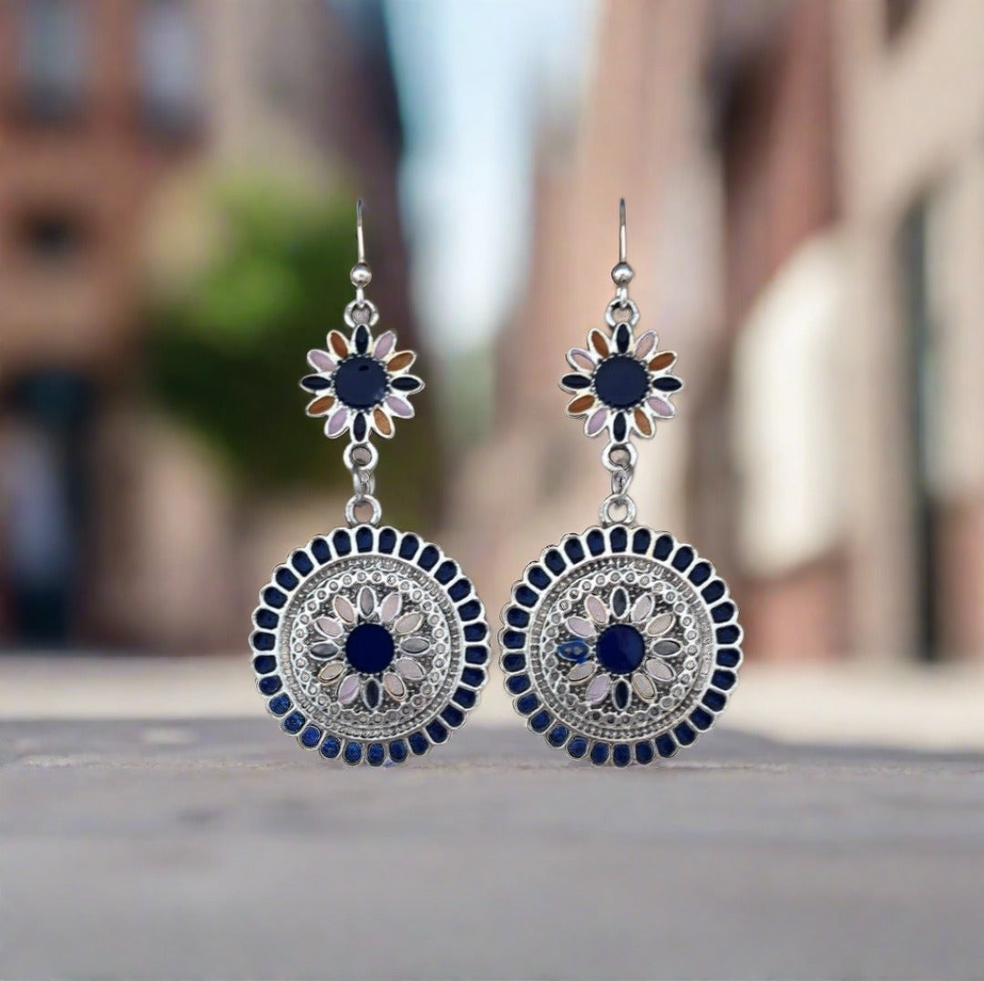 Enamel Flower Earrings with Dark Blue, Pink and Orange Accents - Cheeky Goddess