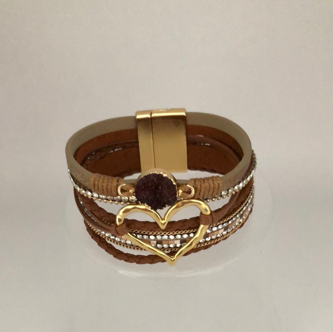 Brown Toned Magnetic Bracelet with Heart, Diamanté, Crystal and Gold Accents - Cheeky Goddess