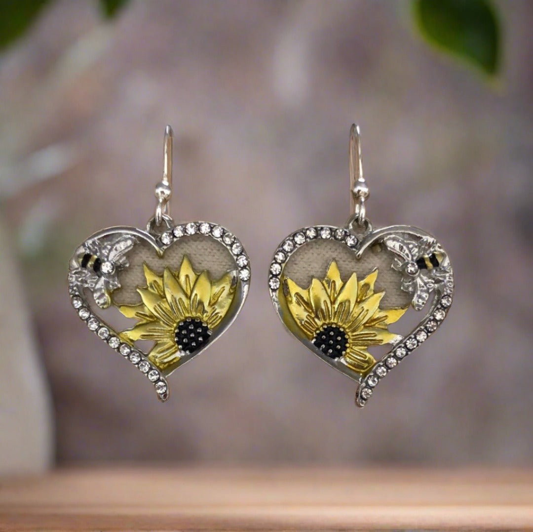 Heart Shaped Earrings with Sunflowers, Bees and Diamante Accents - Cheeky Goddess