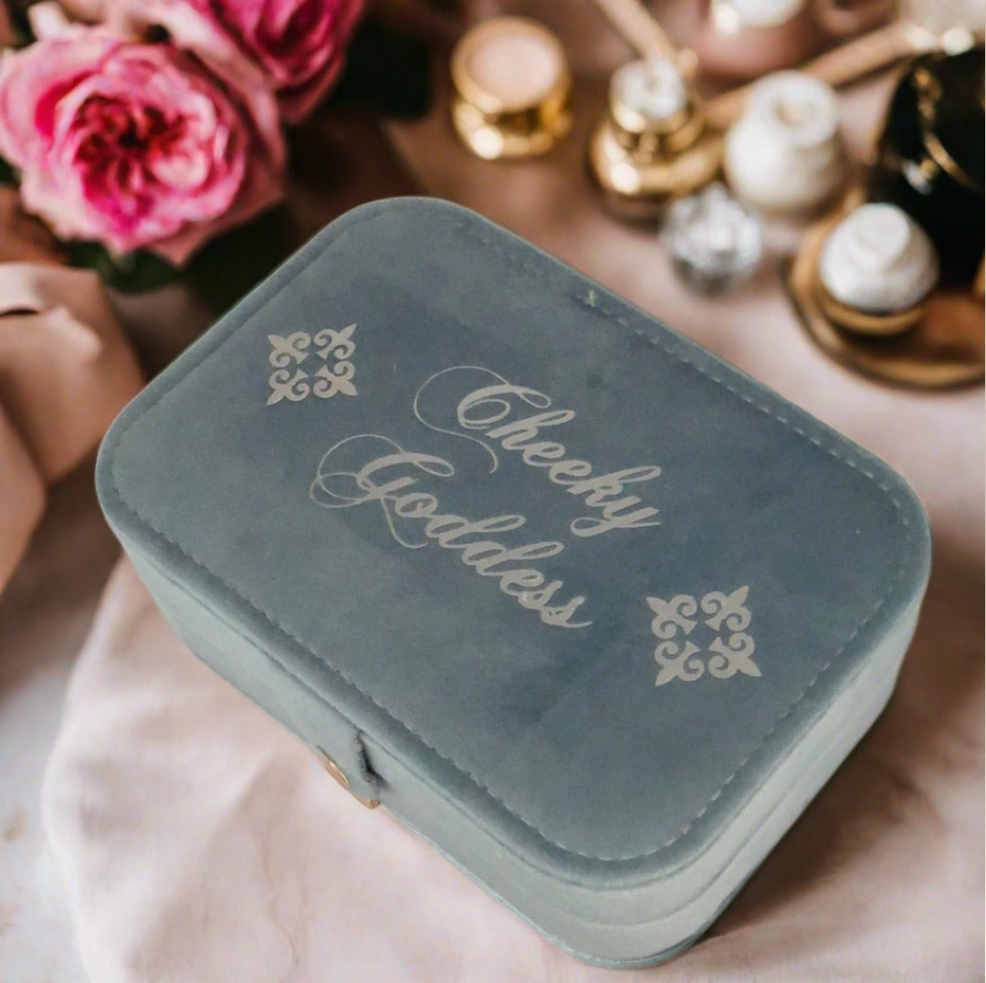 Custom Name Velvet Jewellery Box - Light Blue - Personalized Gifts for Her - For Dresser or Travel - Cheeky Goddess