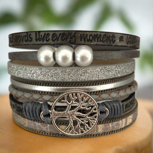 Grey Toned Magnetic Bracelet with Tree of Life, Faux Pearls, Message and Brown and Silver Accents - Cheeky Goddess