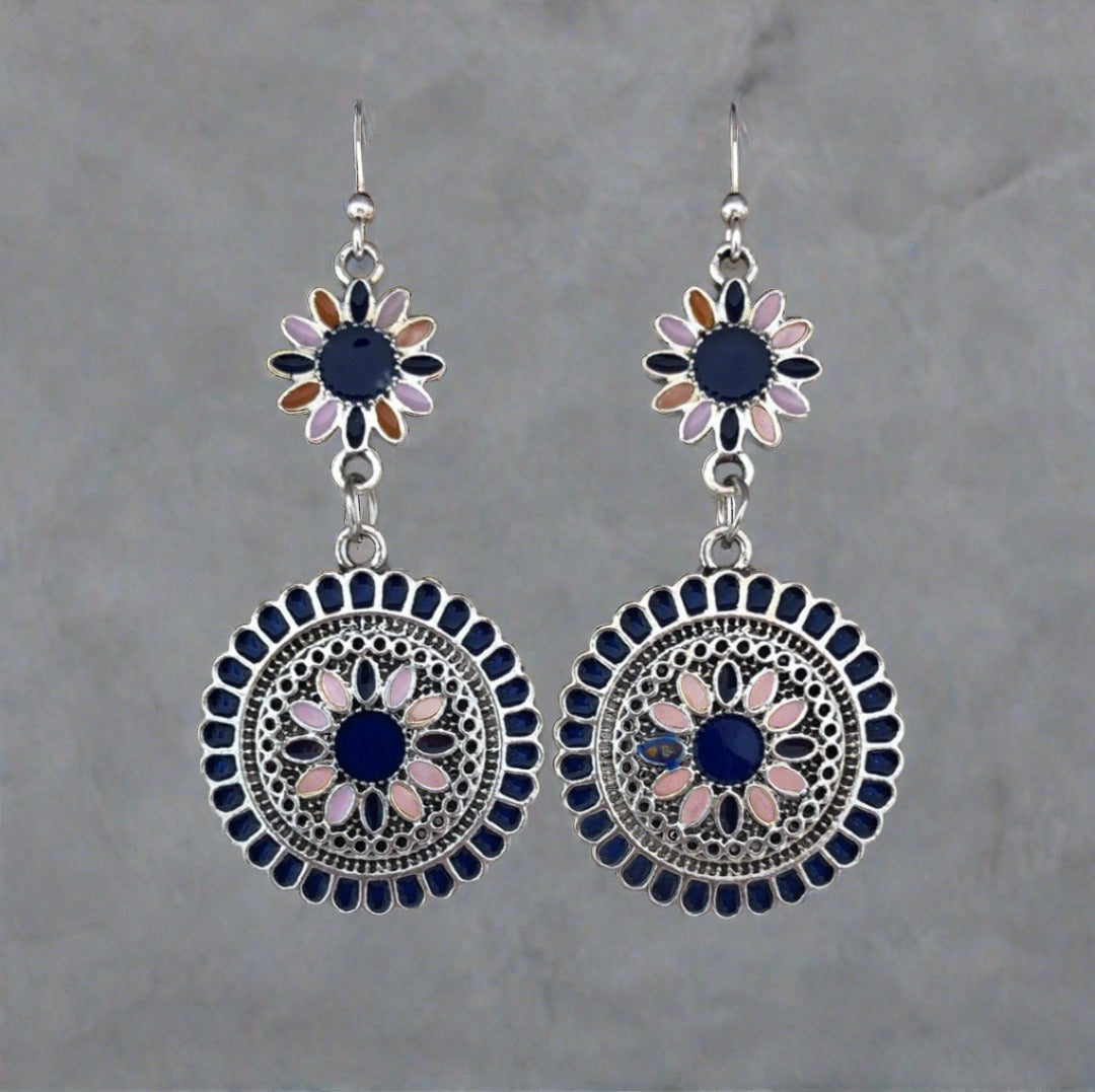 Enamel Flower Earrings with Dark Blue, Pink and Orange Accents - Cheeky Goddess