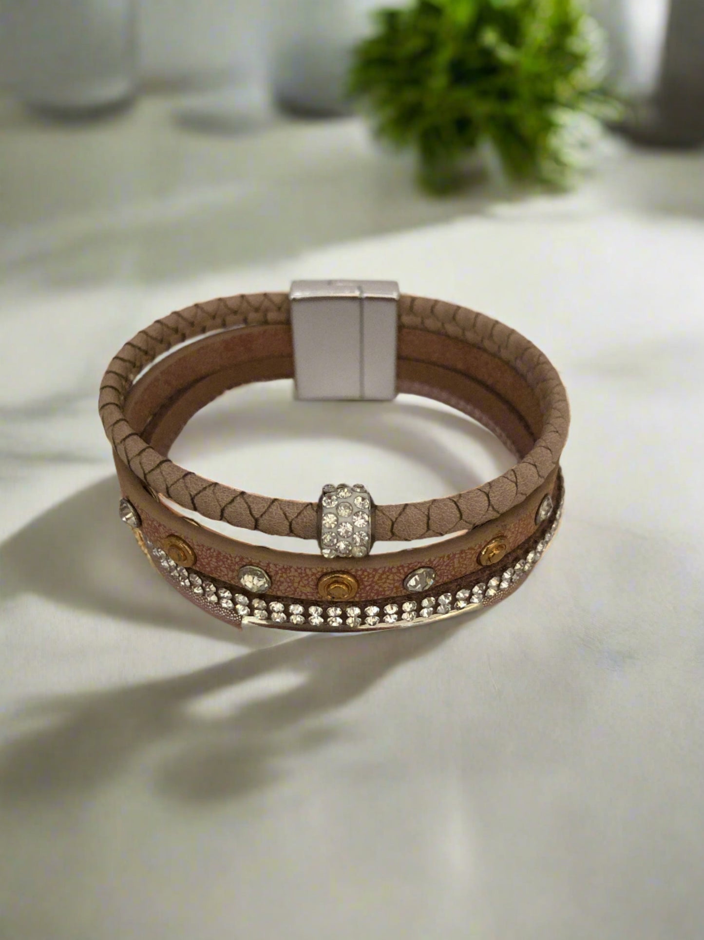 Beige Magnetic Clasp Bracelet with Daimante and Silver Accents - Cheeky Goddess