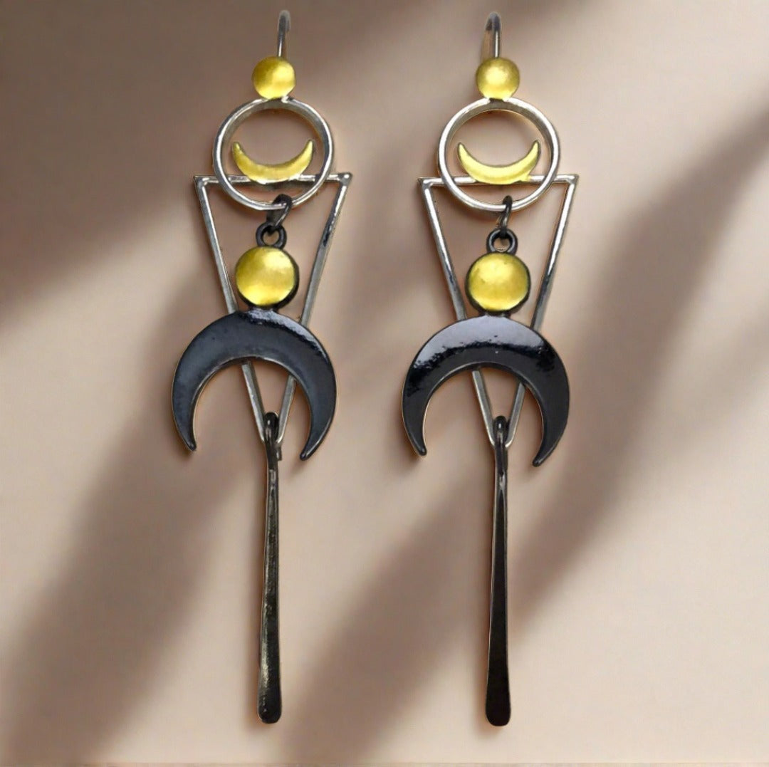 Moon with Triangle and Circle Shapes Earrings with Grey and Yellow Accents - Cheeky Goddess