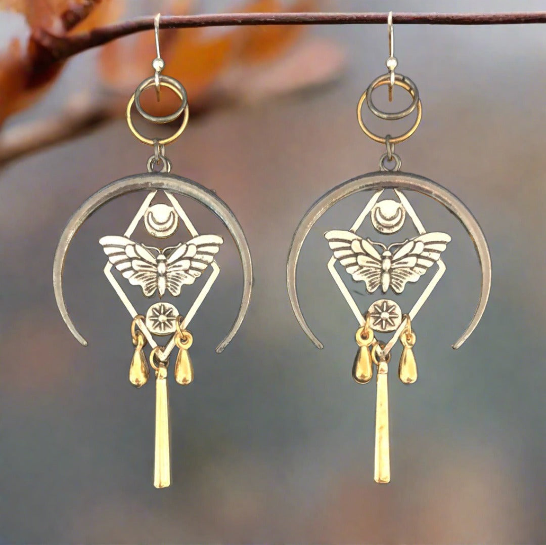 Egyption Style Drop Earrings with Butterfly, Flower, Half Moon and Drops with Gold and Grey Accents - Cheeky Goddess