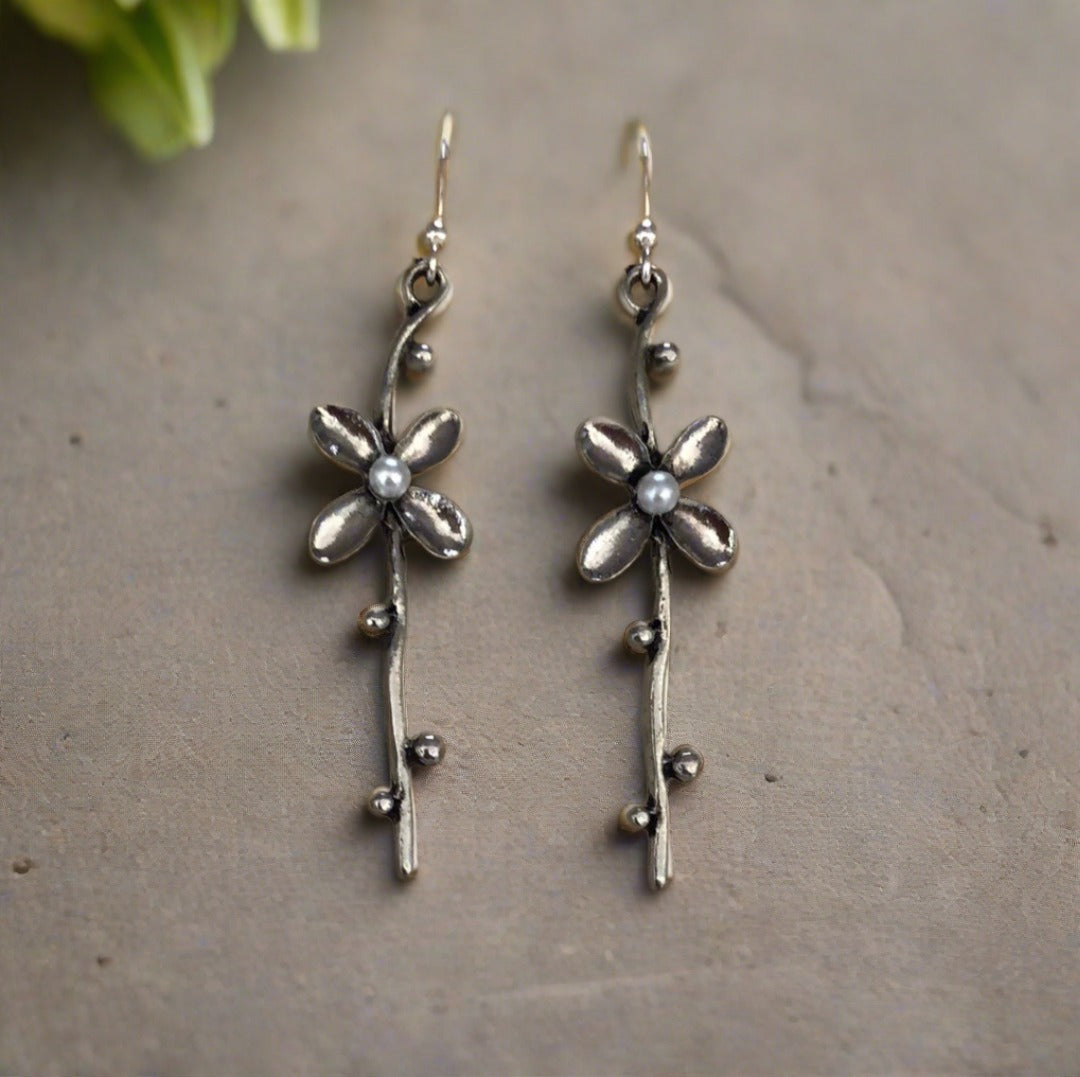 Flower and Stem Drop Earrings with Faux Pearl - Cheeky Goddess