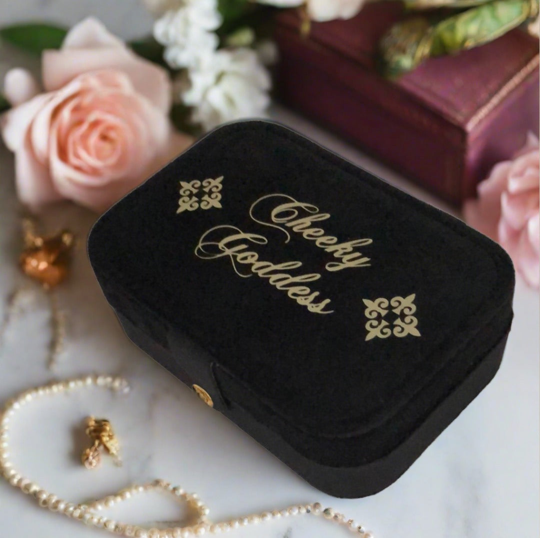 Custom Name Velvet Jewellery Box - Black - Personalized Gifts for Her - For Dresser or Travel - Cheeky Goddess