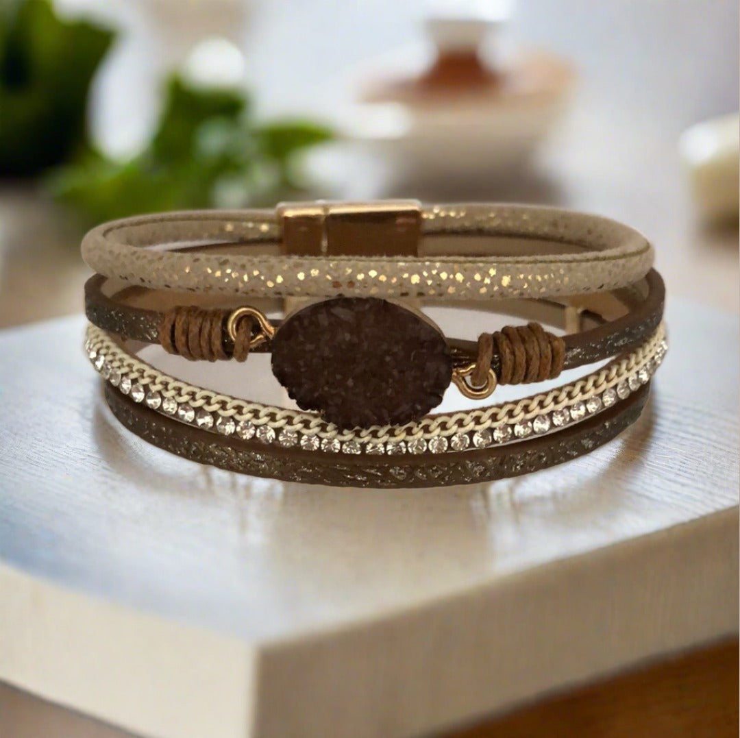 Brown Toned Magnetic Bracelet with Crystal and Diamante Accents - Cheeky Goddess