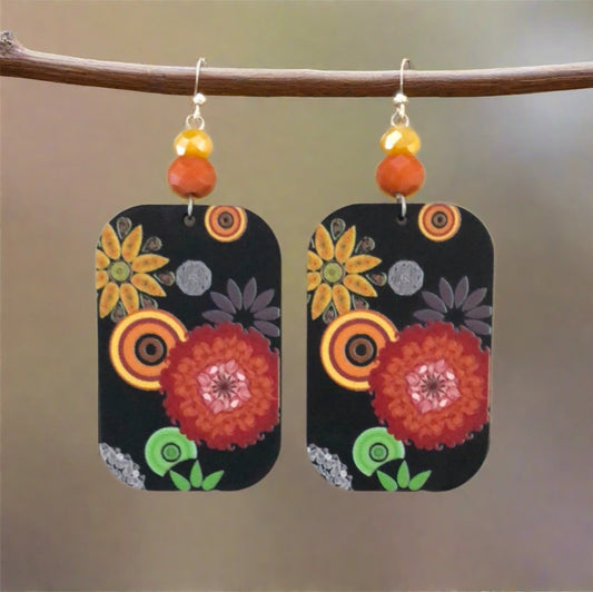 Rectangular Drop Earrings with Flowers - Cheeky Goddess