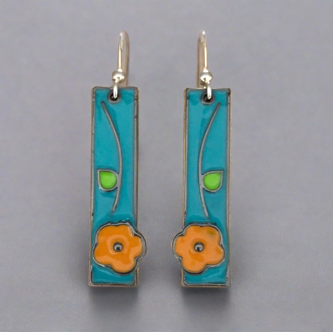 Rectangular Enamel Earrings - Blue with Orange Flower - Cheeky Goddess