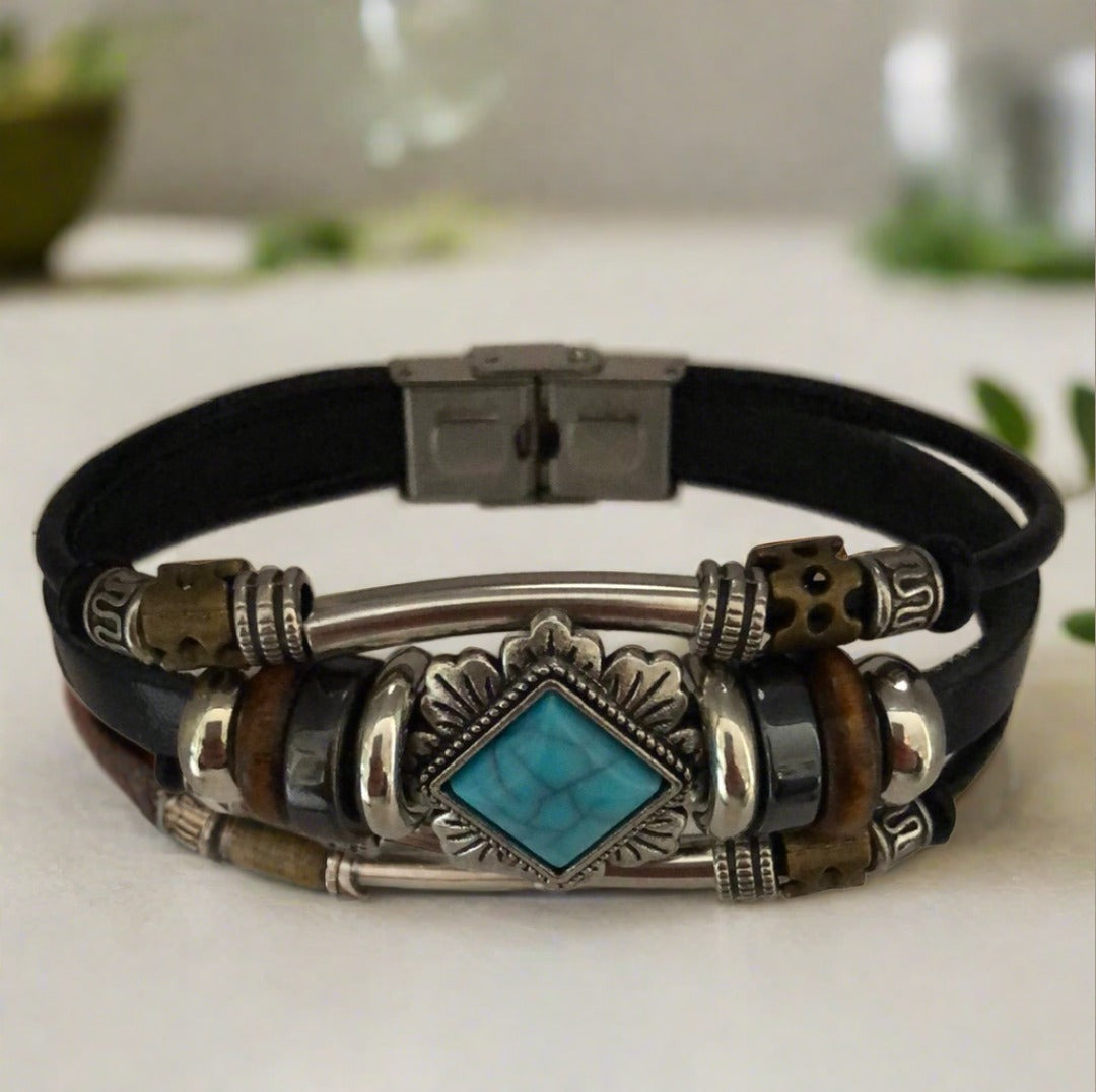 Southwestern Style Black Slot Clasp Bracelet with Blue, Brass and Silver Accents - Cheeky Goddess