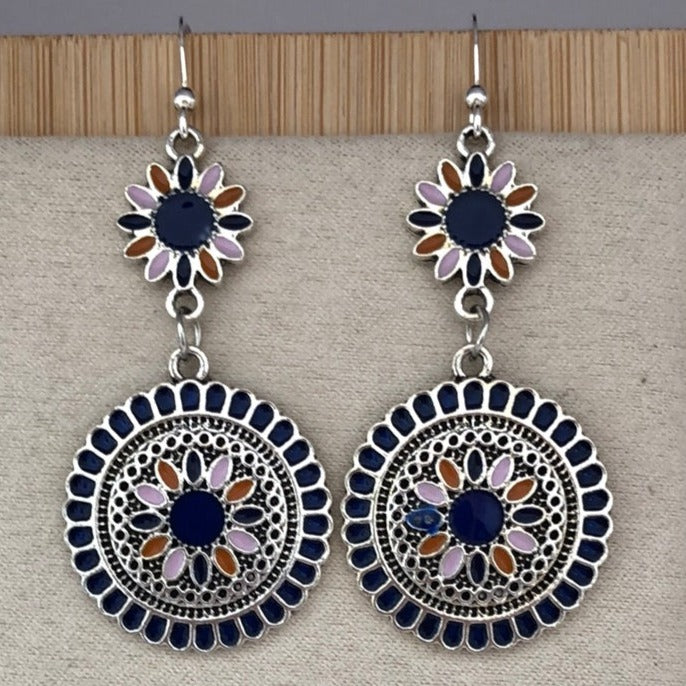 Enamel Flower Earrings with Dark Blue, Pink and Orange Accents - Cheeky Goddess