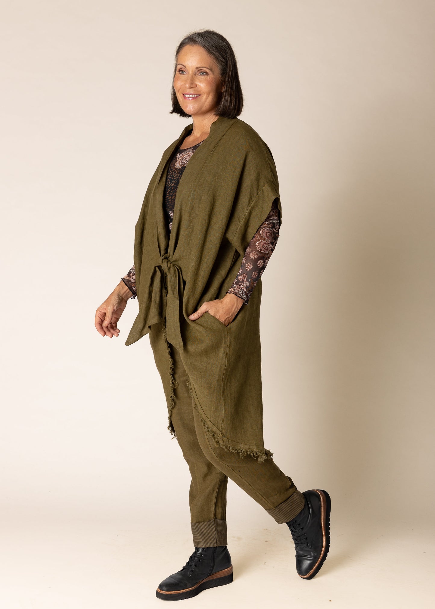 Hayley Linen Jacket in Green Olive