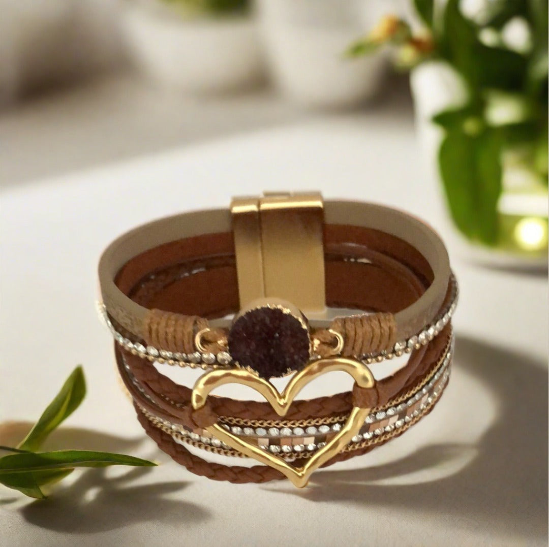 Brown Toned Magnetic Bracelet with Heart, Diamanté, Crystal and Gold Accents - Cheeky Goddess