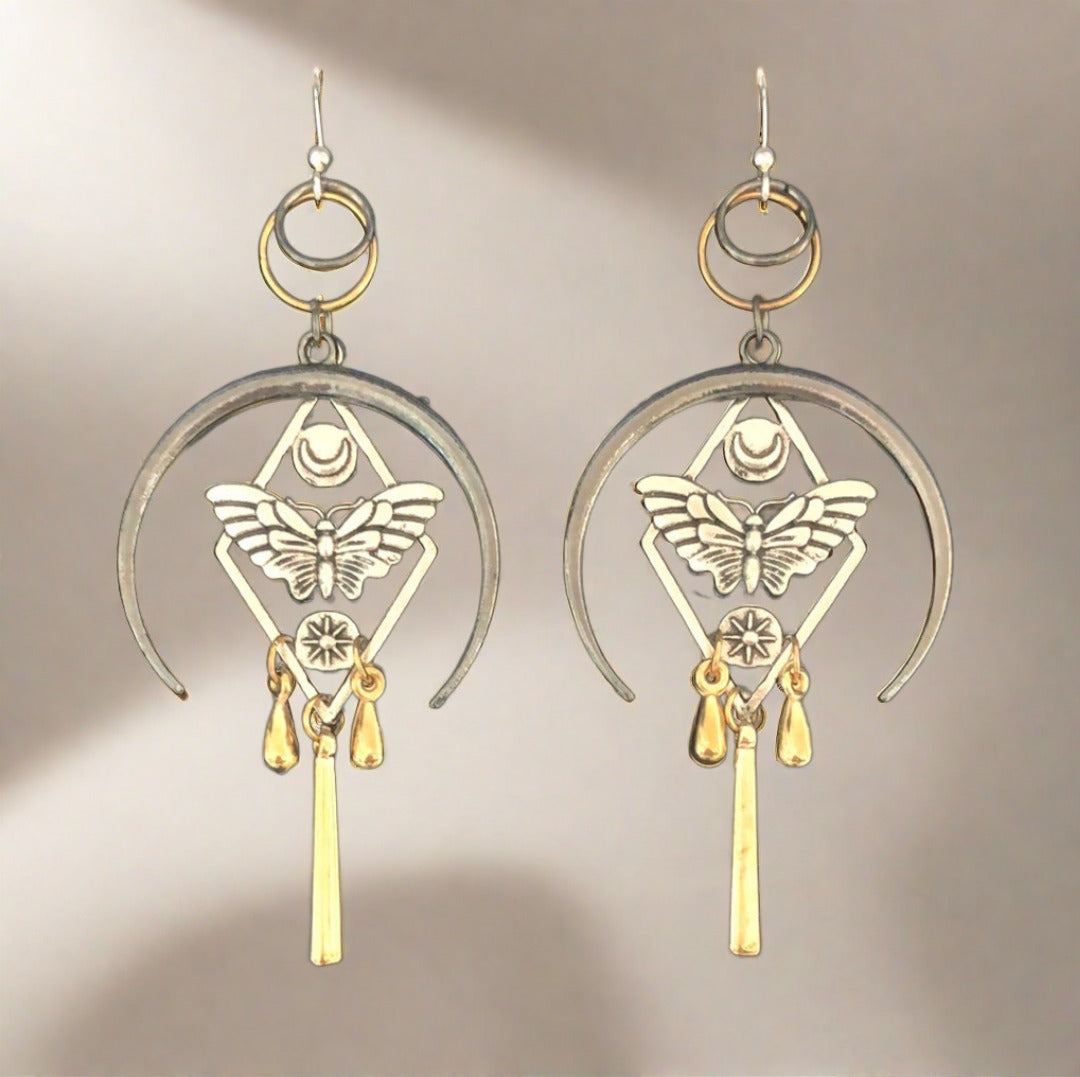 Egyption Style Drop Earrings with Butterfly, Flower, Half Moon and Drops with Gold and Grey Accents - Cheeky Goddess