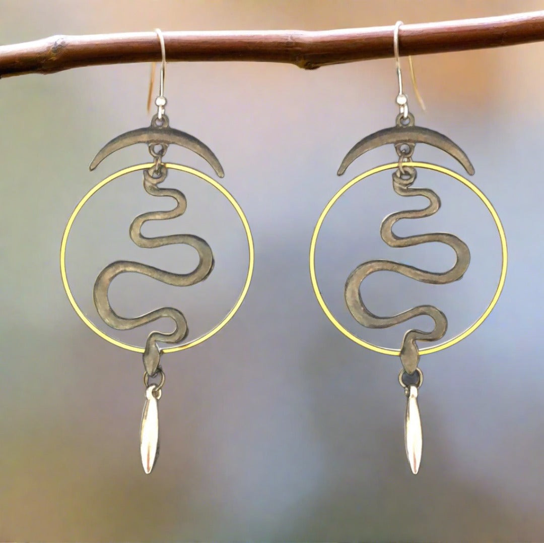 Snake Drop Earrings - Dark Grey and Gold with Silver Accents - Cheeky Goddess