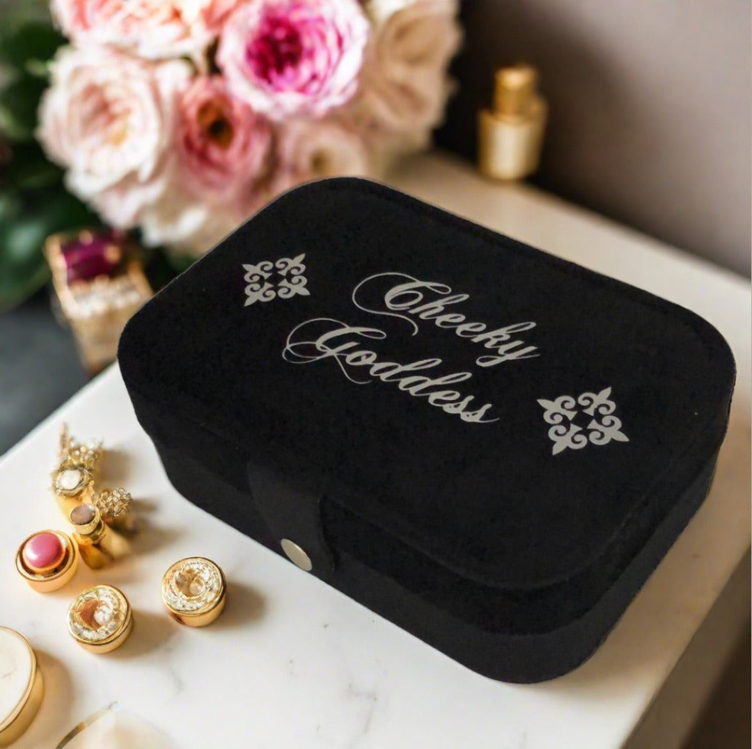 Custom Name Velvet Jewellery Box - Black - Personalized Gifts for Her - For Dresser or Travel - Cheeky Goddess