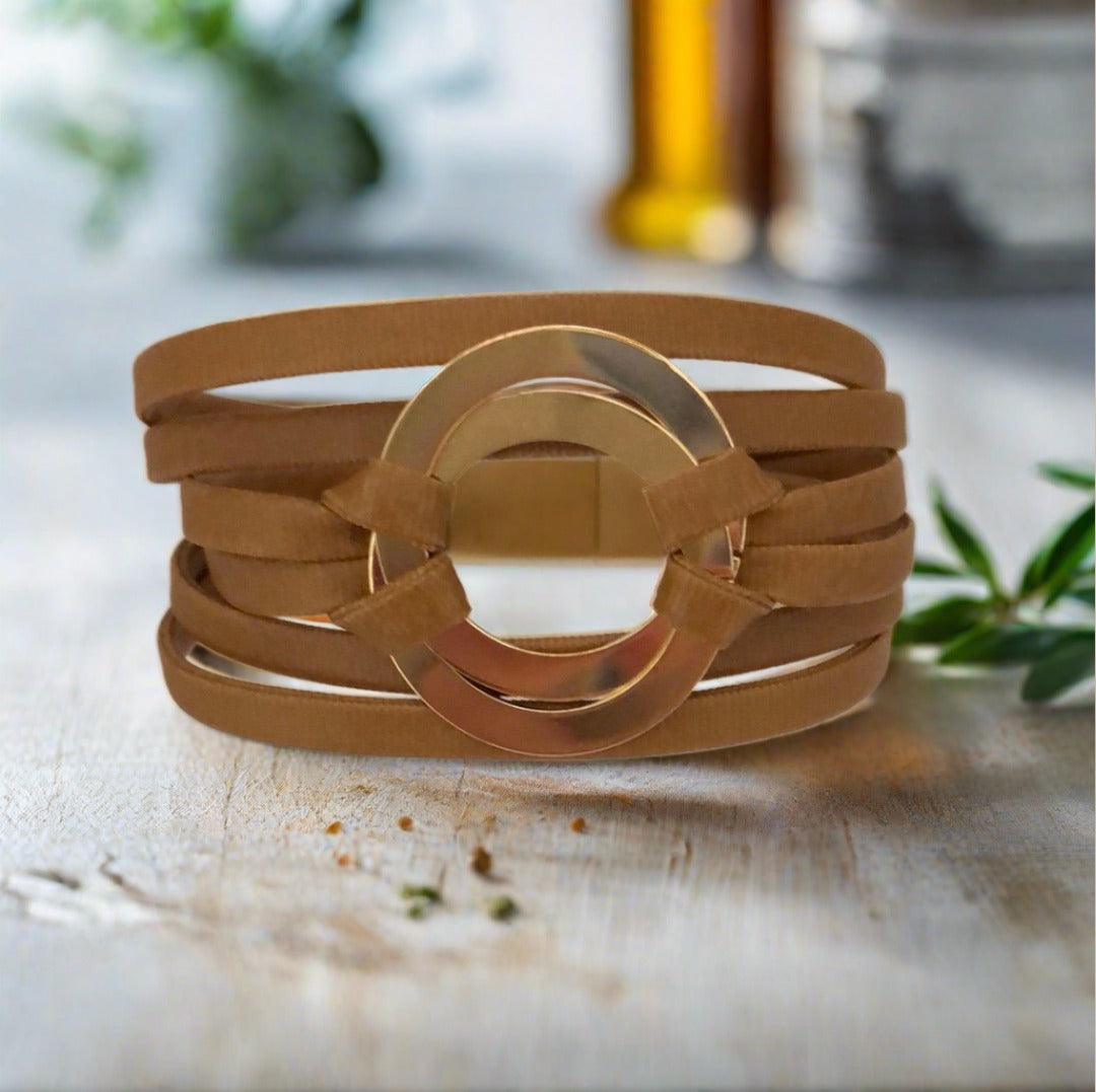 Brown PU Leather Magnetic Bracelet with Gold Circle Accents - Cheeky Goddess