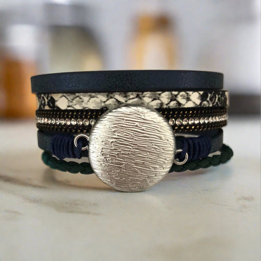 Blue Indigo Magnetic Bracelet with Silver Circle and Diamanté and Snake Skin Pattern Accents - Cheeky Goddess